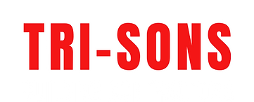 Logo with text Tri-Sons Building Contractors in bold red and white letters on a black background.