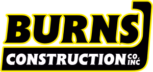 Burns Construction Co. Inc. logo in bold black and white text with a yellow outline.